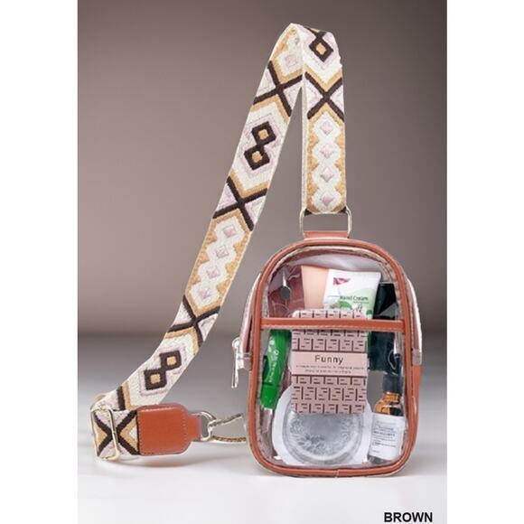 42 Pops Handbags - Clear Sling Bag W/ Guitar Strap - Brown